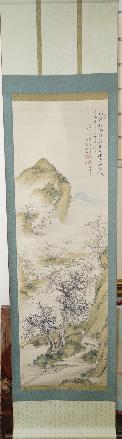 Five Japanese scroll paintings, 19th and 20th century, including two landscapes, birds, a flower study and a calligraphic inscription. Condition - ranging from poor to good